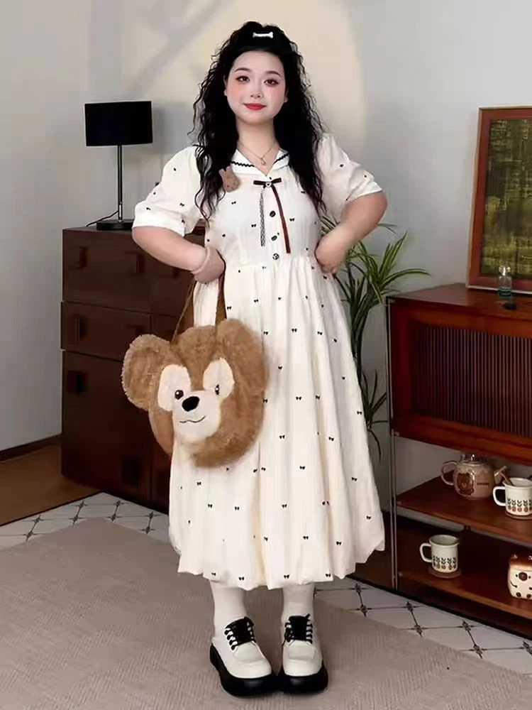 大码学院减龄海军领短袖连衣裙季胖mm收腰梨形身材裙子9268/9280