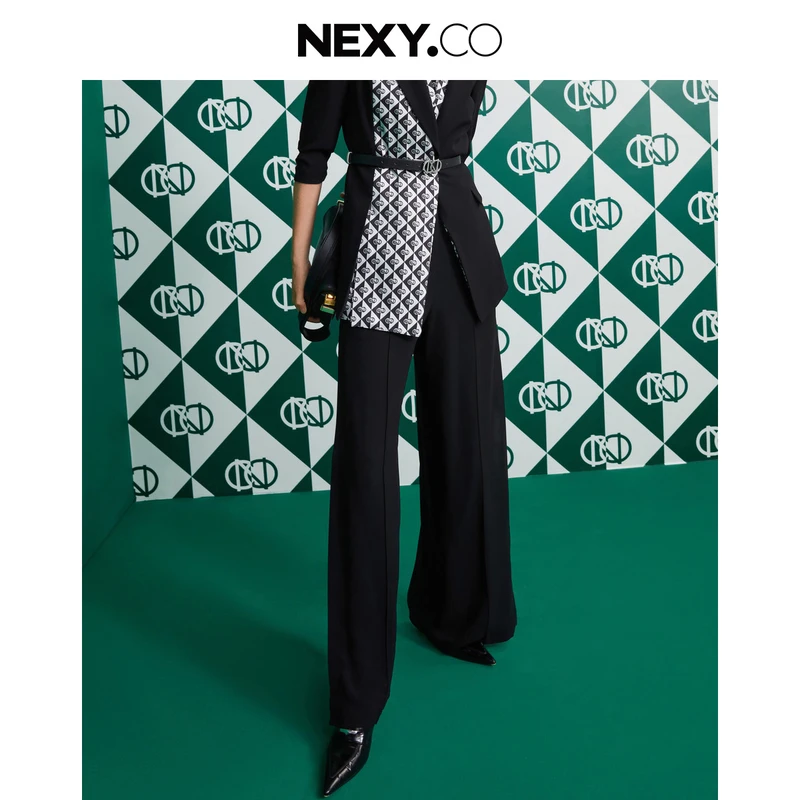 【商场同款】NEXY.CO/奈蔻时尚宽松显瘦黑色垂感夏季长裤XV02159W0