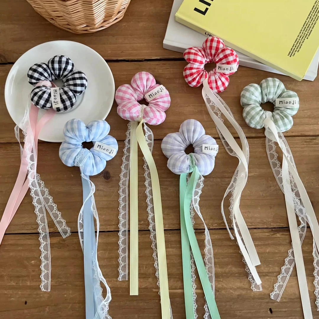 【一款三用】甜美格纹蕾丝飘带儿童立体花朵发圈女童丸子头发绳头绳