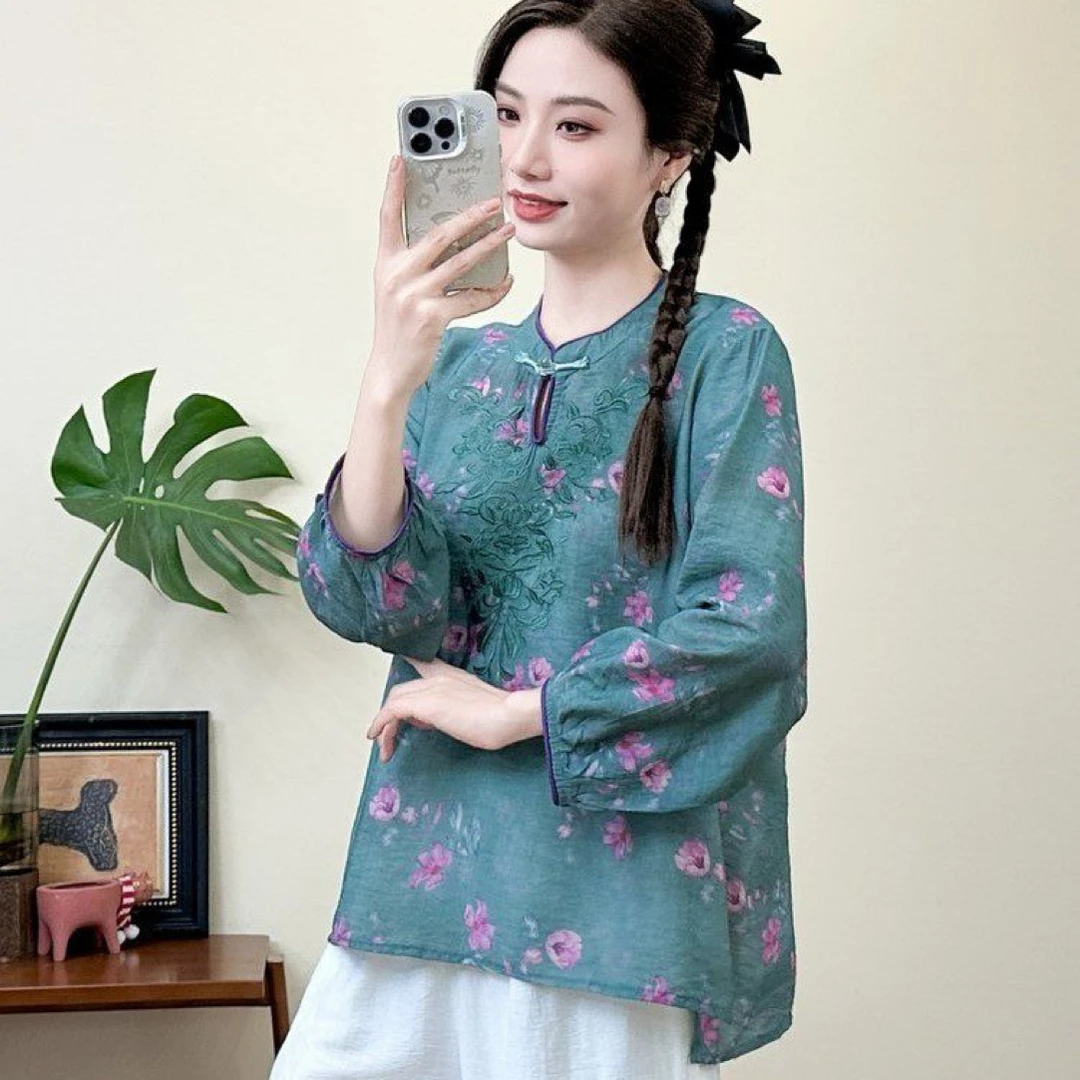 秋季新款印花麻感立领盘扣气质百搭宽松显瘦复古文艺长袖刺绣衬衫