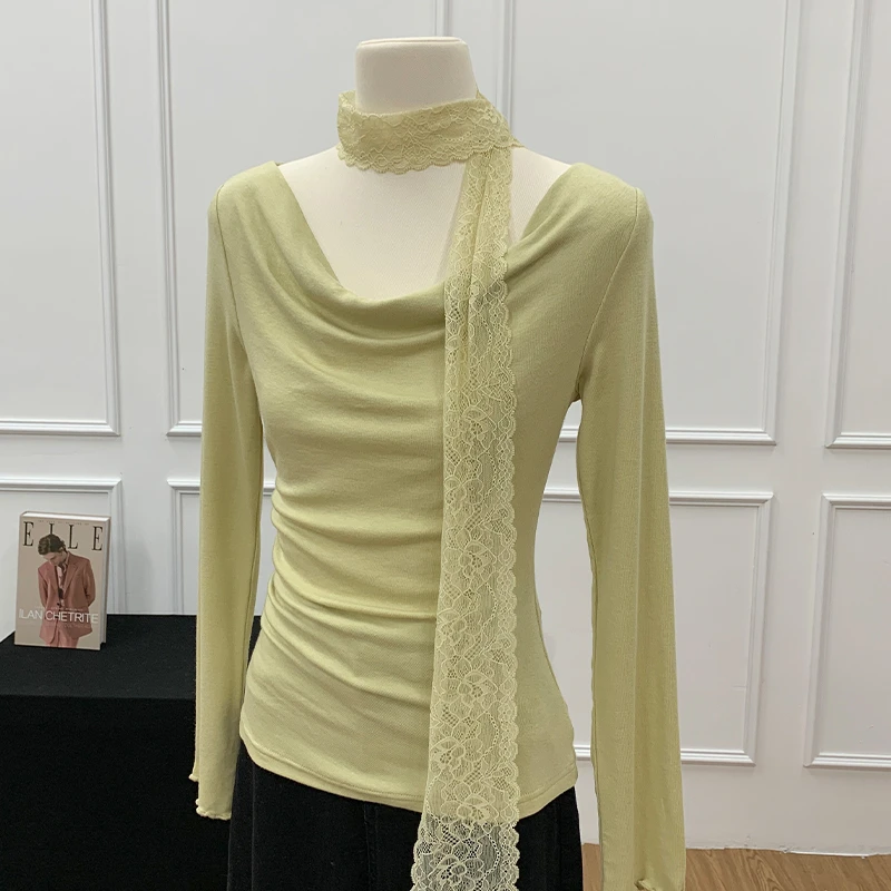 纯欲荡领带围脖收腰显瘦不规则长袖T恤女春季绝美木耳边内搭上衣