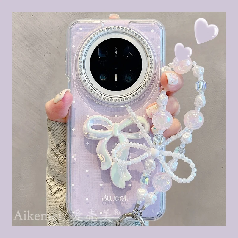 适用华为mate70pro+手机壳紫色波点mate60pro+水钻镜框立体蝴蝶结