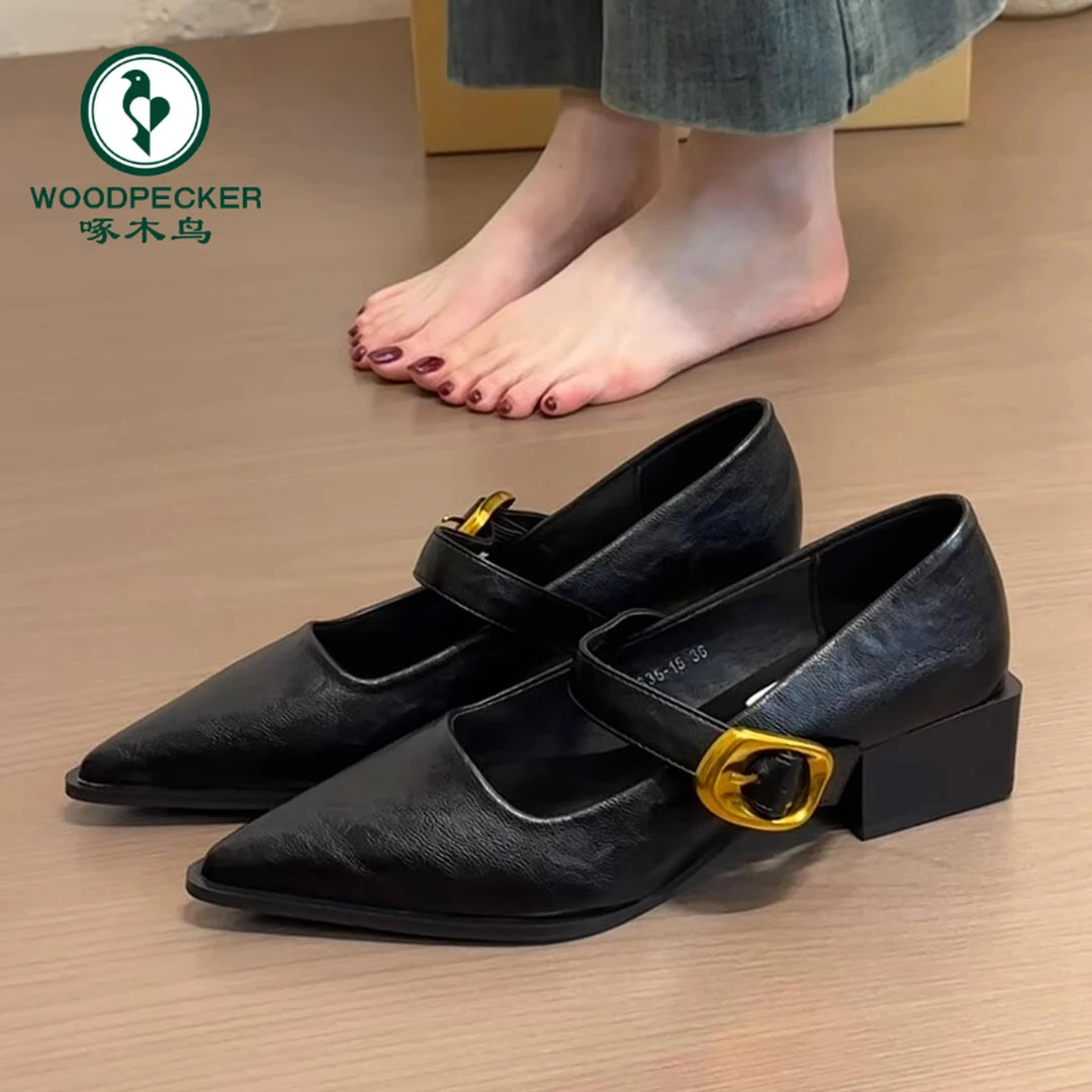 啄木鸟复古金属一字带扣粗跟小单鞋女款浅口尖头气质百搭玛丽珍鞋
