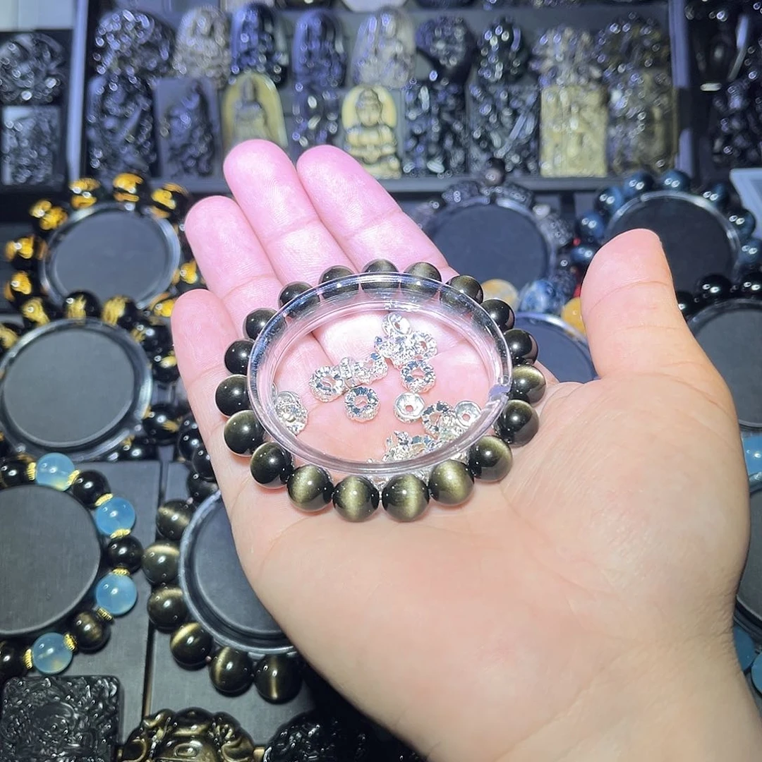 黑曜岩未镶嵌手串大***?金曜石10m猫眼加配饰