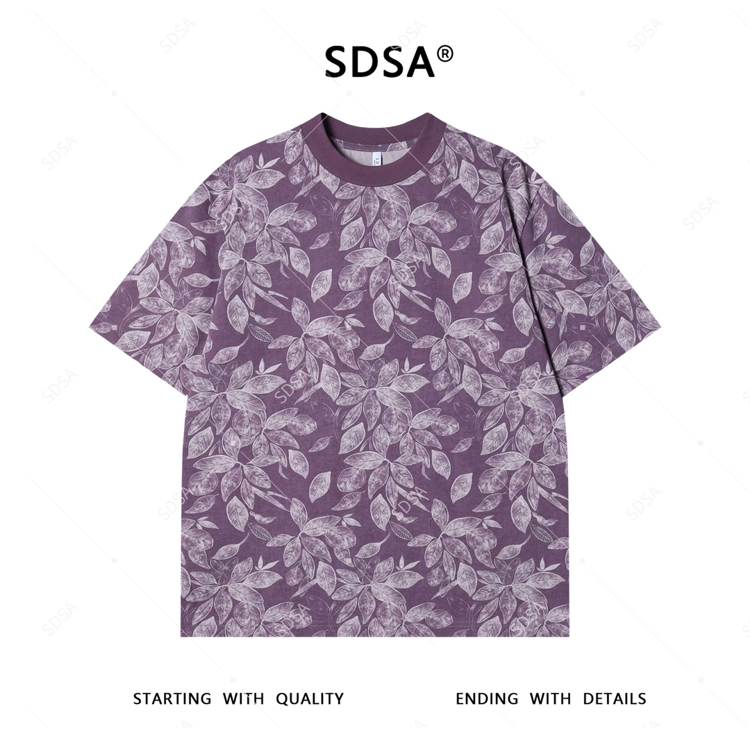 夏季高级感新款男士美式撞色花卉满印设计短袖T恤复古圆领上衣