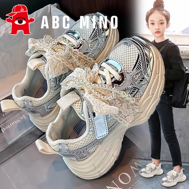 ABC MINO女童鞋2025新款秋季儿童蝴蝶结运动鞋女孩软底公主老爹鞋