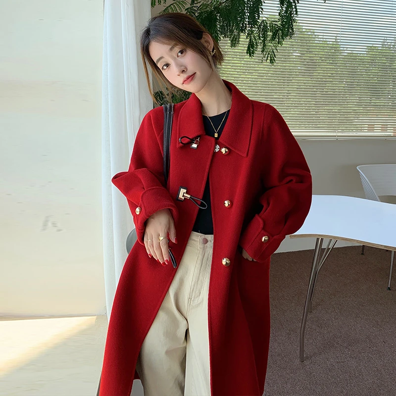 红色双面呢子大衣女秋冬高级感本命年过年新娘结婚小个子毛呢外套