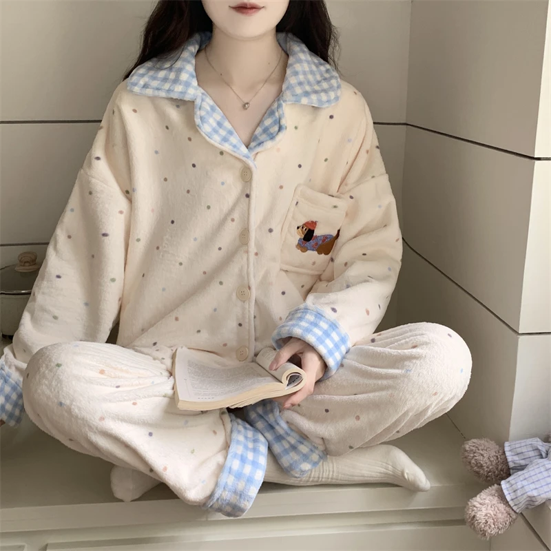 芯语婷秋冬季新款蓝格彩点腊肠狗法兰绒睡衣女加厚保暖甜美家居服