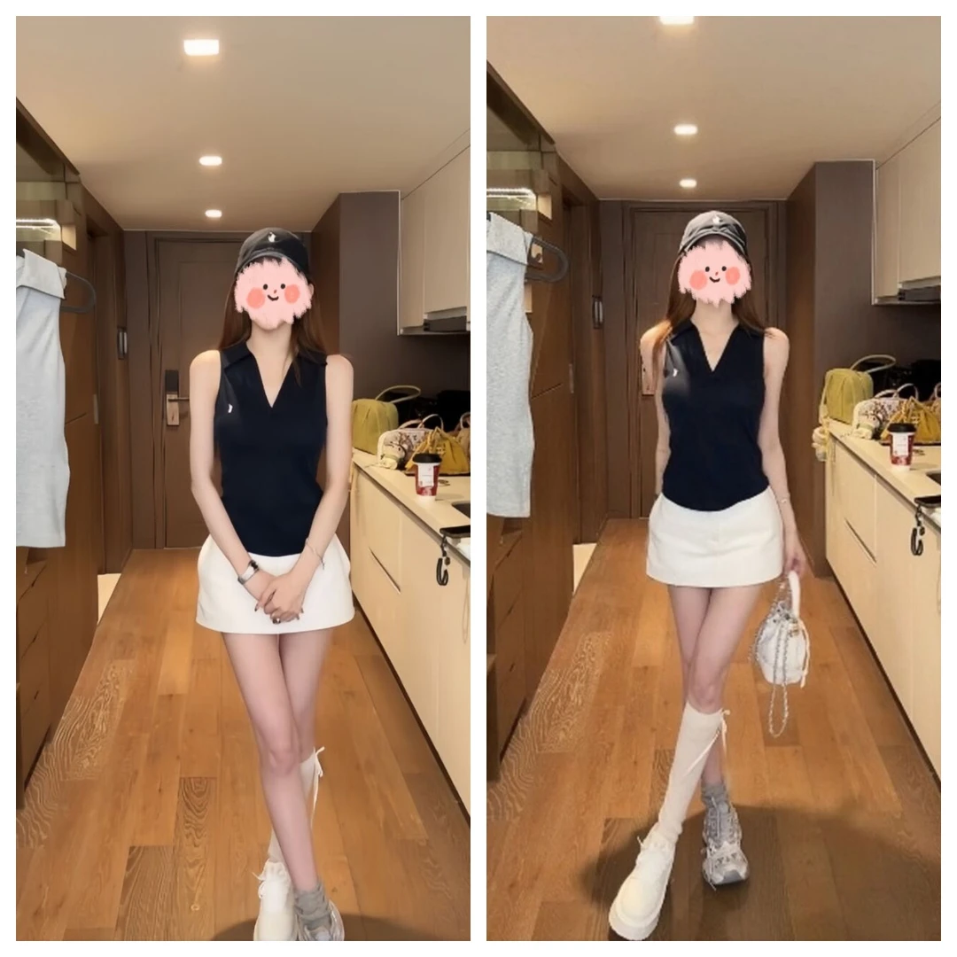 【夏季少女】时尚气质polo领无袖修身上衣&高腰显瘦A字包臀裙裤
