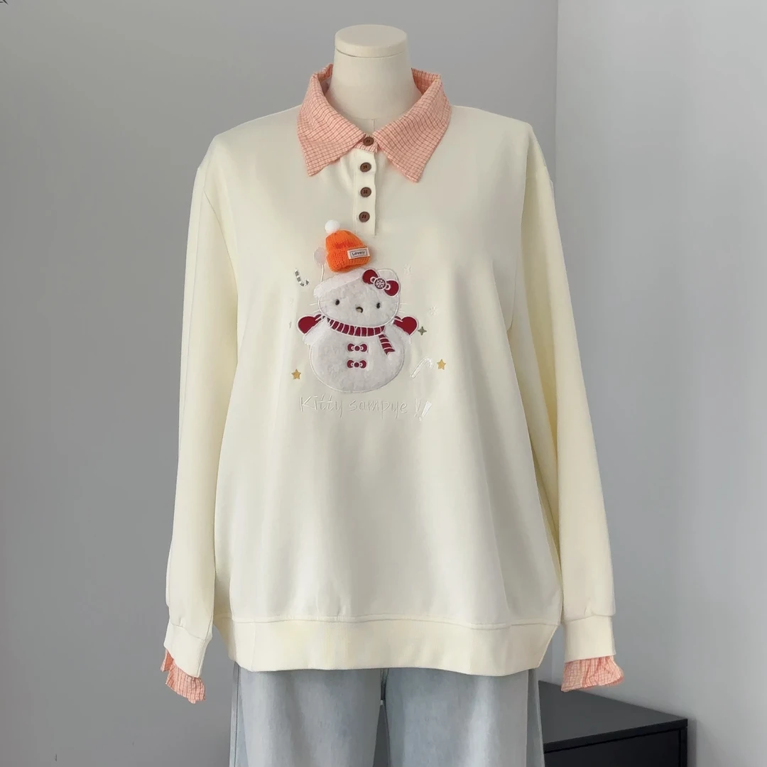 凛冬小雪人｜大码胖mm假两件polo领卫衣女可爱甜美宽松慵懒秋上衣