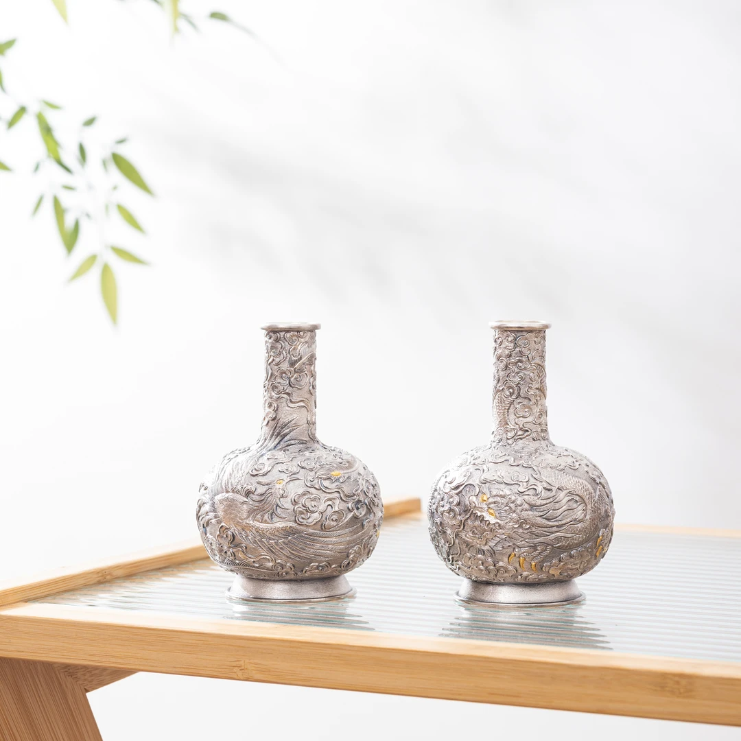 蜂鸟工坊 傳家 錾刻龙纹/凤凰小天球银瓶/花瓶 SWA3293 SWA3294