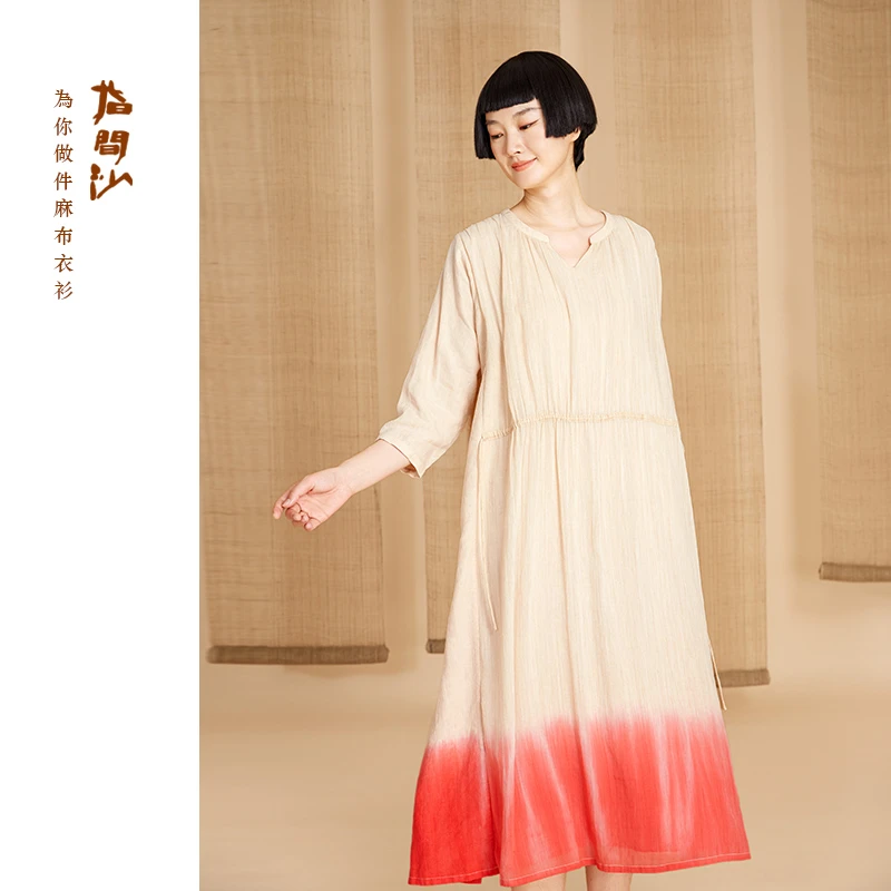 指间沙2525168女装25夏中式圆V领插肩袖吊染廓形长袍裙文艺连衣裙