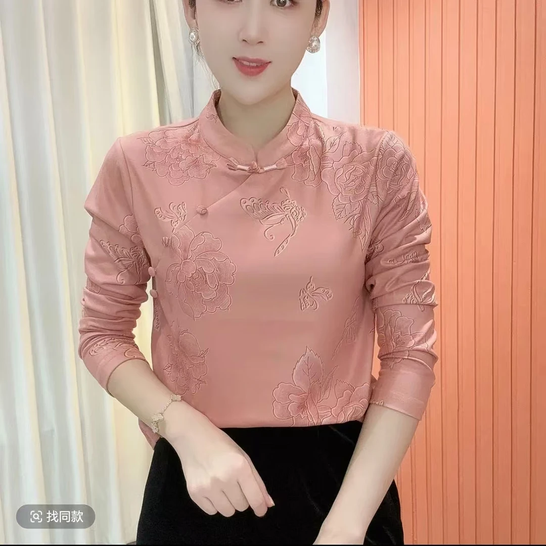 2025冬季新款立领印花气质百搭时尚长袖减龄加绒打底衫上衣女765