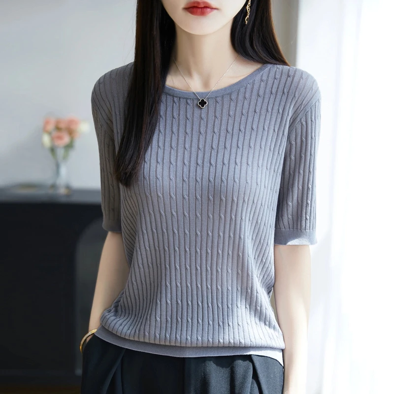 品牌女装夏季新款圆领麻花T恤纯色针织衫时尚显瘦短袖上衣