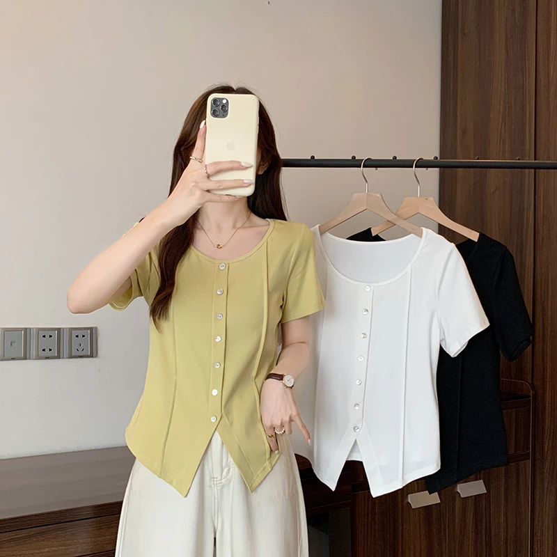 夏装新款胖mm大码女休闲减龄圆领开叉正肩显瘦短袖洋气T恤A1849