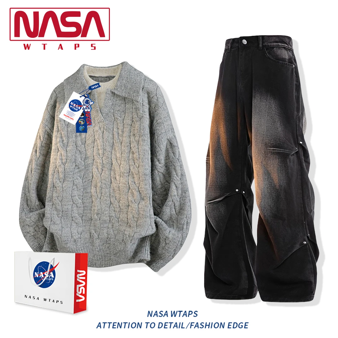 NASA WTAPS美式复古假两件套装男款秋冬季慵懒风针织翻领毛衣套装