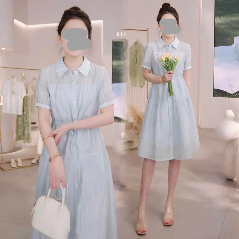 蓝色polo领简约衬衫连衣裙女2025夏季新款收腰显瘦中长款裙小个子