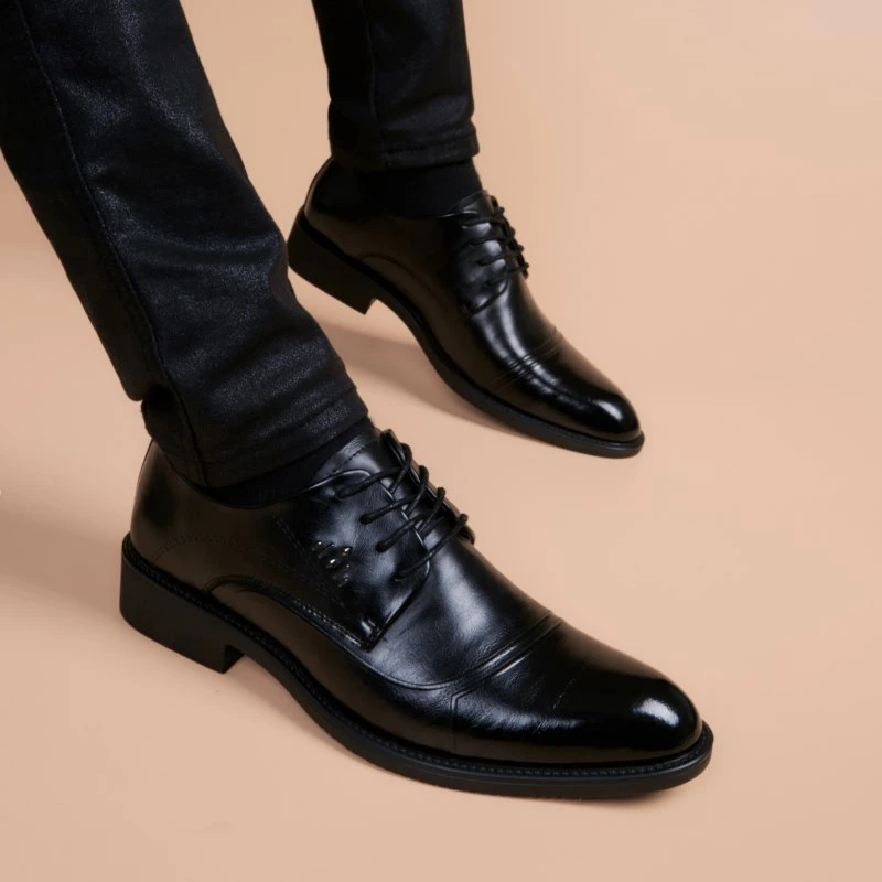 皮鞋男韩版夏季透气内休闲真皮商务男鞋黑色青年英伦尖头皮鞋男士