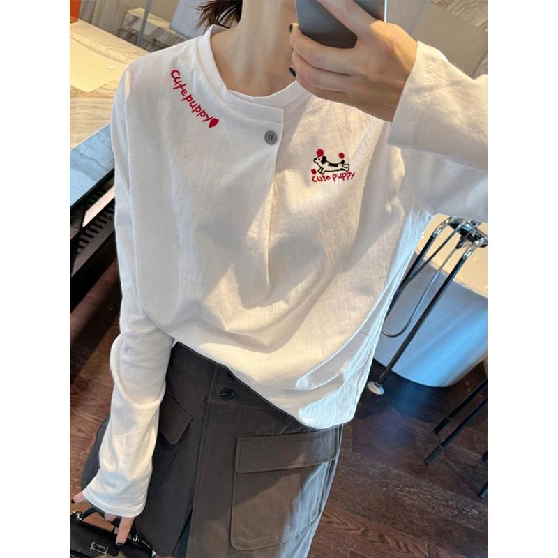 白色长袖半开领女式底衫2025早秋新款韩版百搭单扣显瘦减龄上衣服