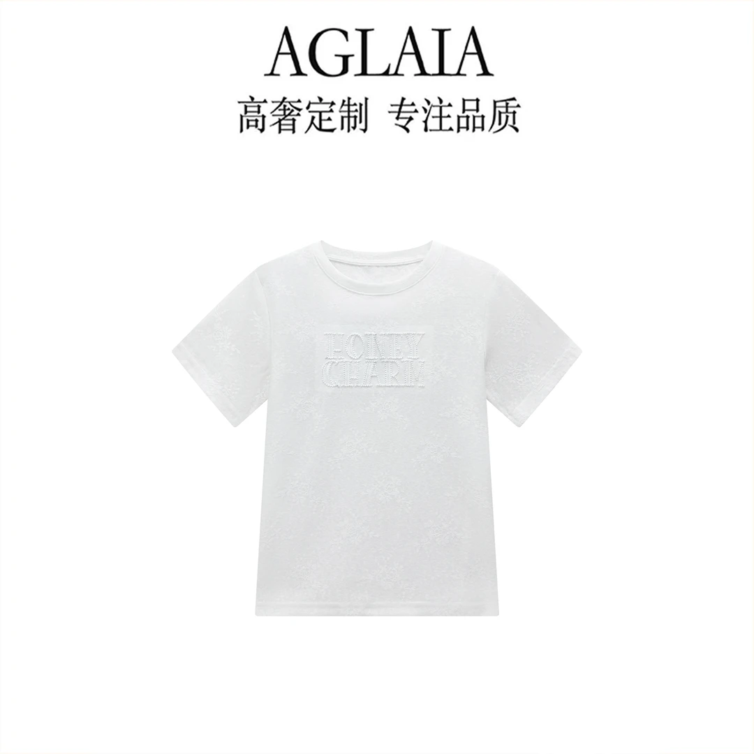 AGLAIA~2026夏季新款圆领短袖T恤女压花刺绣宽松百搭上衣6995