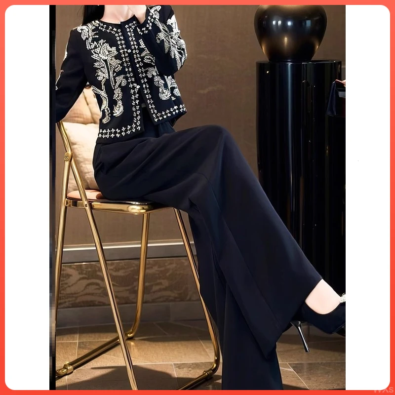 2025年秋季气质黑色穿搭酷飒风高级感优雅刺绣开衫长裤两件套装女