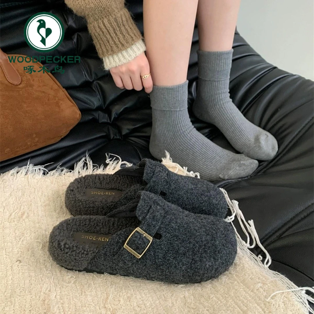 啄木鸟厚底加绒勃肯鞋毛毛拖鞋2025秋冬季保暖棉鞋博肯鞋灰色单鞋