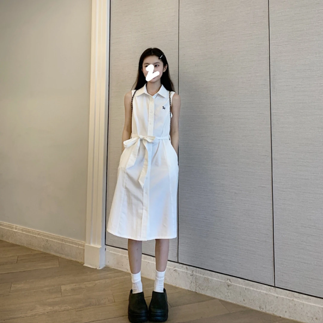白色中长款绑带连衣裙女夏季法式温柔宽松无袖衬衫小白裙kk-08436