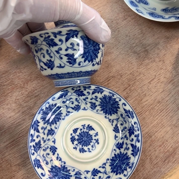 瓷片白青花缠枝莲元宝盖碗全品