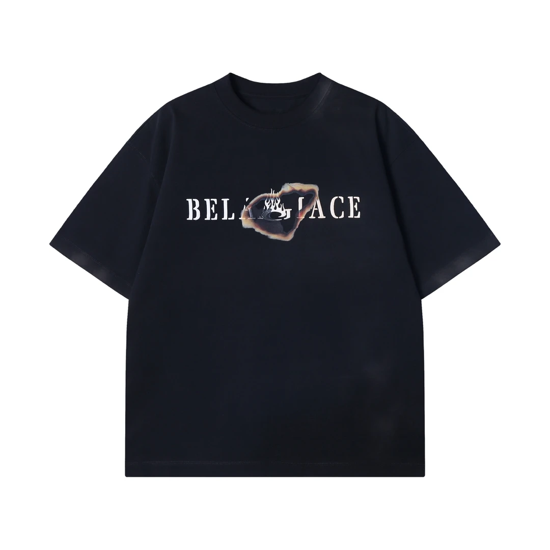 夏季高级感新款美式风炸街短袖T恤男火烧云设计感印花刺绣休闲