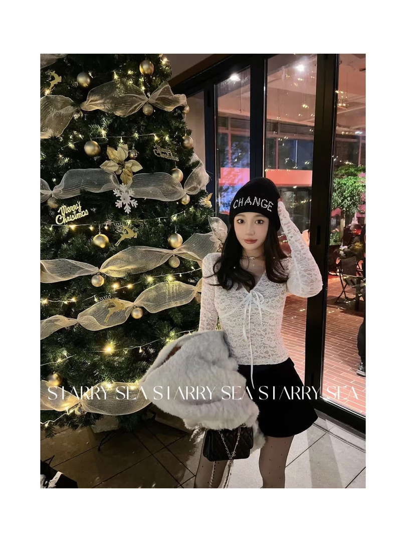 PP 【法香蕾丝】福利纯欲性感V领长袖重工修身打底上衣#PP0048SY