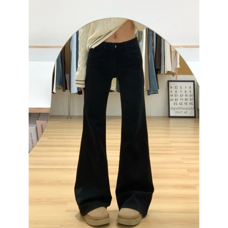 美式低腰黑色水洗微喇牛仔裤女春季2025新款休闲宽松显瘦喇叭裤子