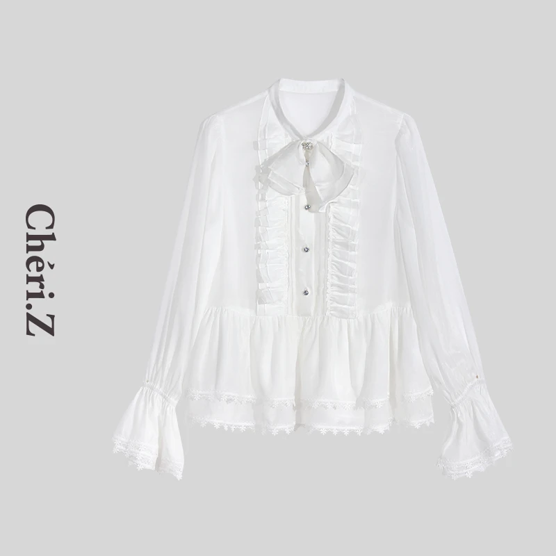 CHERI.Z 早秋新款千金重工刺绣蕾丝花边白色法式上衣C25C02352C