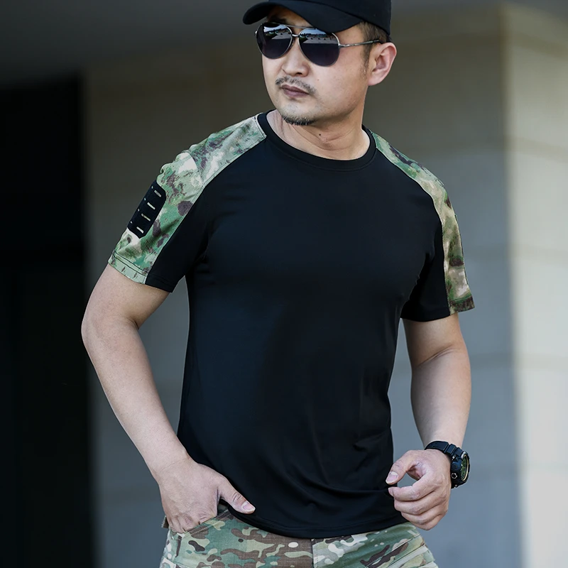 户外战术速干短袖t恤男士夏季宽松圆领排汗透气运动拼接体恤上衣