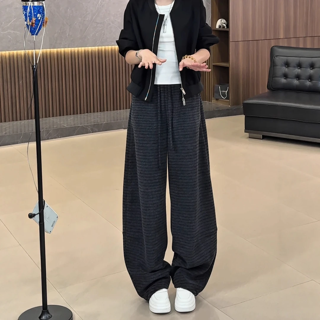 桑蚕丝绵羊毛阔腿裤女秋冬2025新款条纹弯刀裤宽松显瘦糯米直筒裤