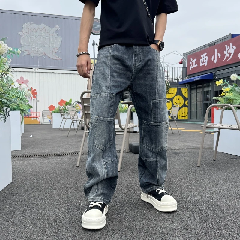 2025男裤宽松百搭水洗阔腿裤秋冬拼接多水男士水洗做旧解构阔腿