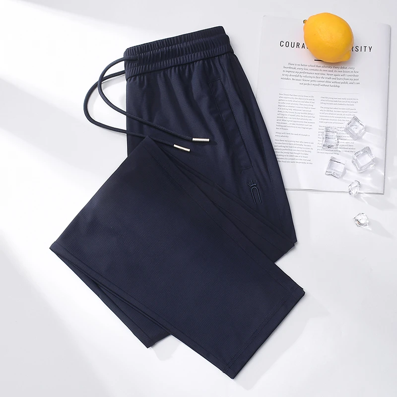 凉感藏青色冰丝运动裤女春夏季薄款透气速干高腰小个子休闲长裤子