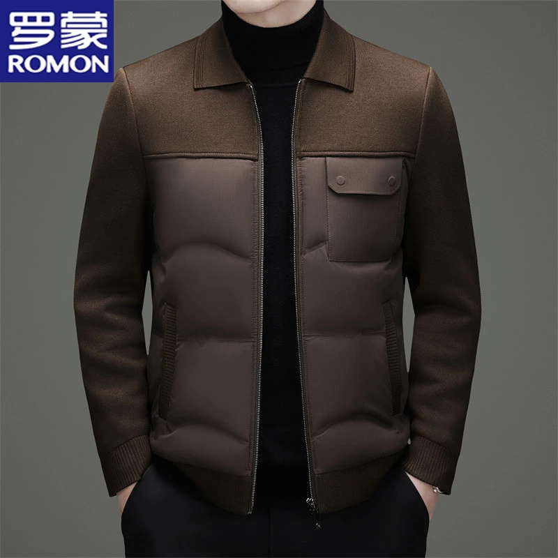罗蒙秋冬轻奢羽绒服轻薄保暖针织拼接羽绒外套男士翻领防寒服夹克