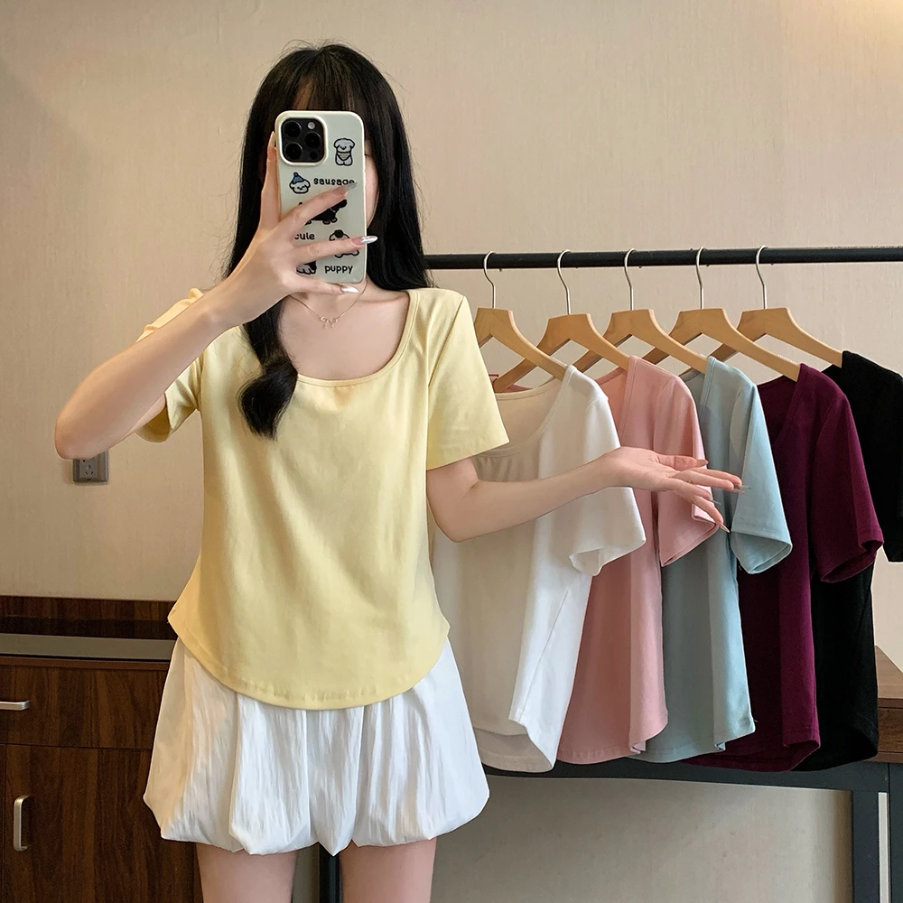 2025春大码女装新款纯色U领糖果色基础款T恤上衣显瘦3189