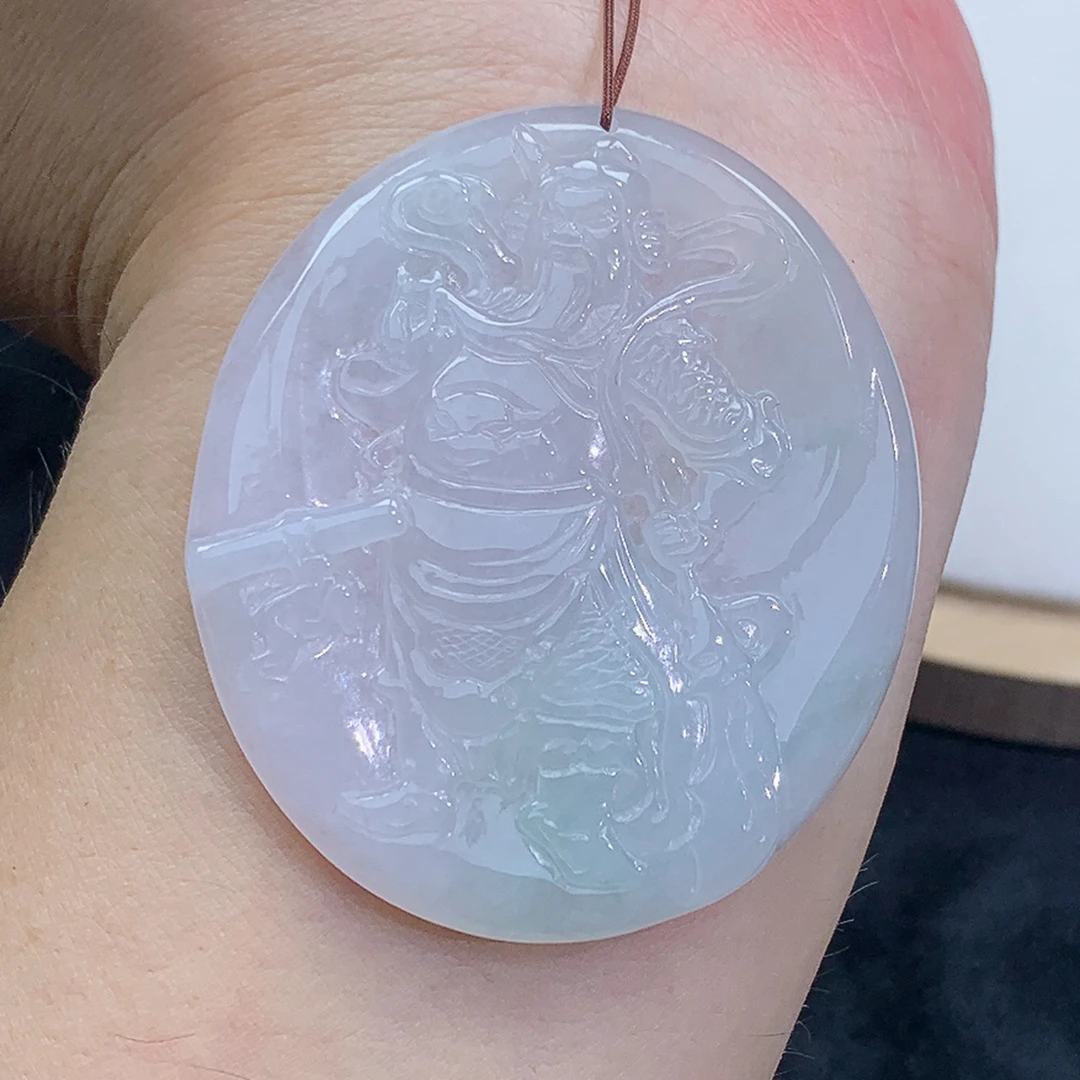 精雕 飘绿 关公 关二爷 吊坠 挂坠 23.07g 缅甸天然A货翡翠玉石
