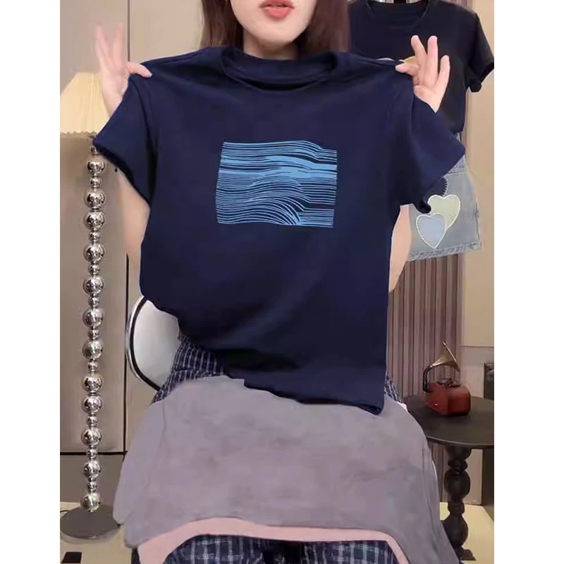 2025新款正肩短袖t恤女小众设计感时尚百搭藏青色显瘦上衣夏季潮