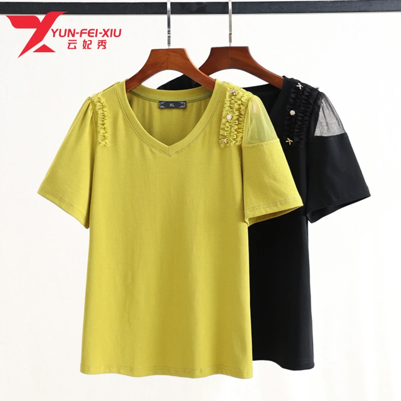 云妃秀大码女装上衣拼接宽松简约气质显瘦日常减龄时尚T恤夏5987