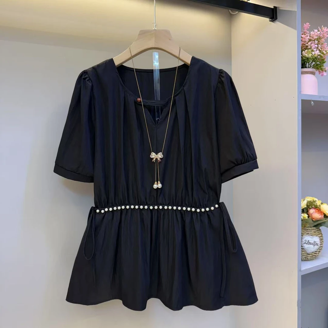 2025夏大码女装设计感重工钉珠收腰显瘦短袖上衣