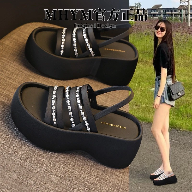 HS76-3小个子厚底增高时尚水钻露趾凉鞋女2025夏季新款松糕罗马鞋