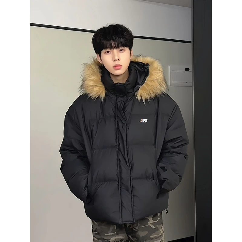 座山雕冬季保暖加厚连帽棉服男毛领运动面包服宽松时尚外套