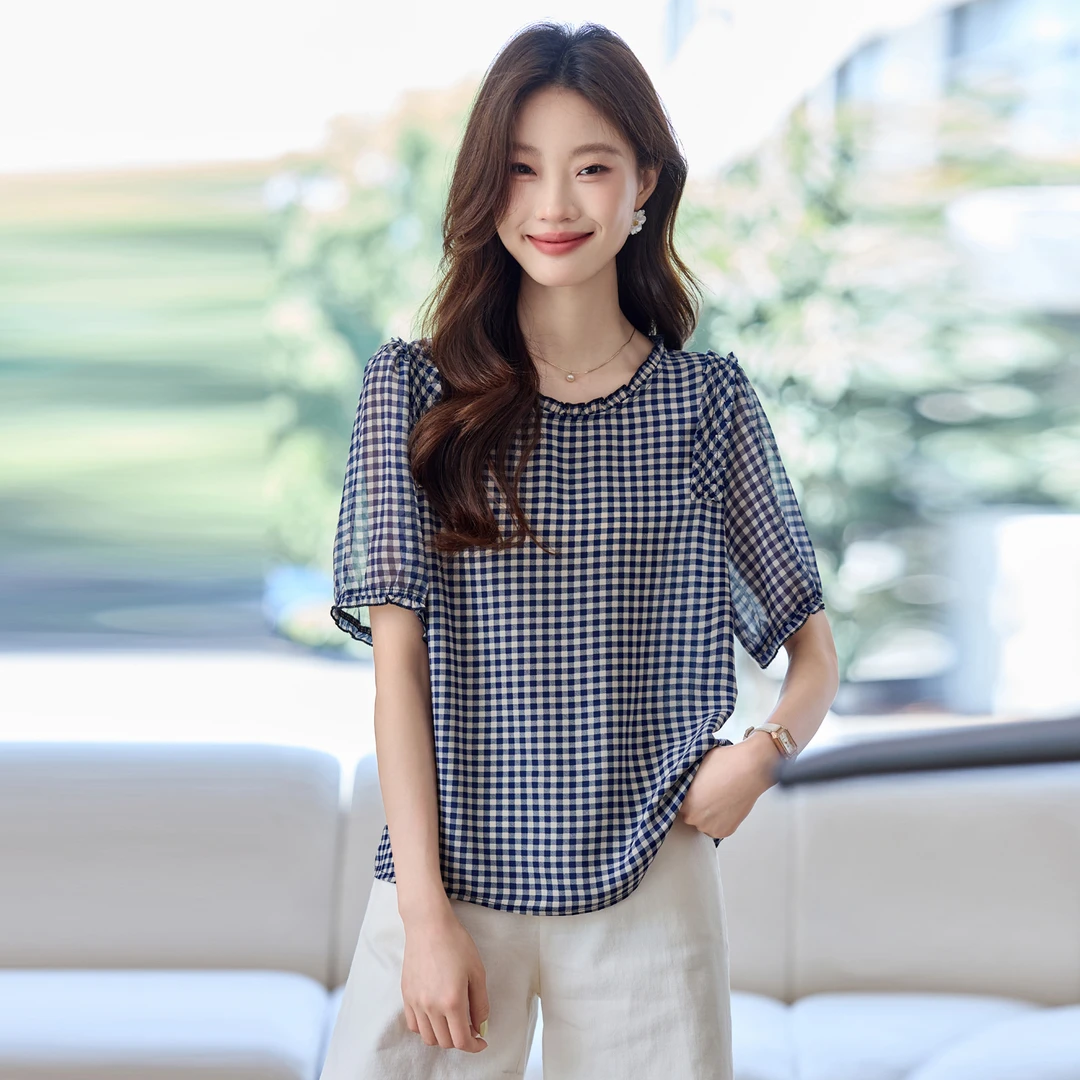 木耳领泡泡袖短袖格子衬衣女2025夏季新款时尚减龄气质休闲上衣女
