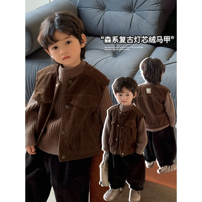 《中控推荐》复古韩版儿童灯芯绒马甲24QL1043洋气男童女童潮宝坎肩