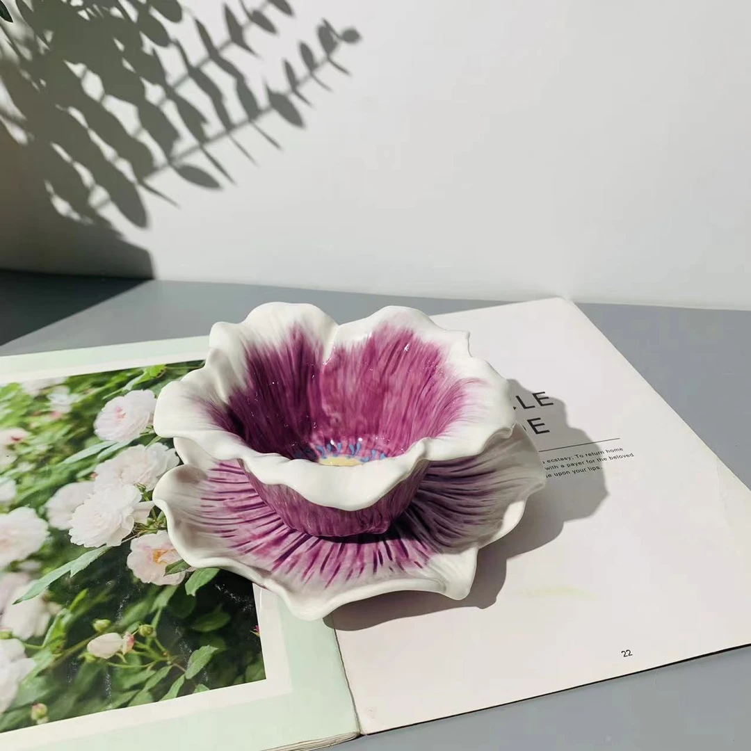 手绘浮雕手作玉兰花-6寸碗加7寸盘