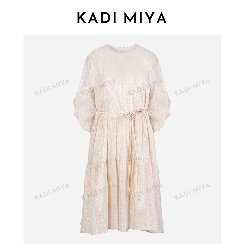 KADIMIYA星空璀璨法式系带高腰显瘦优雅柔美亮丝桑蚕丝连衣裙