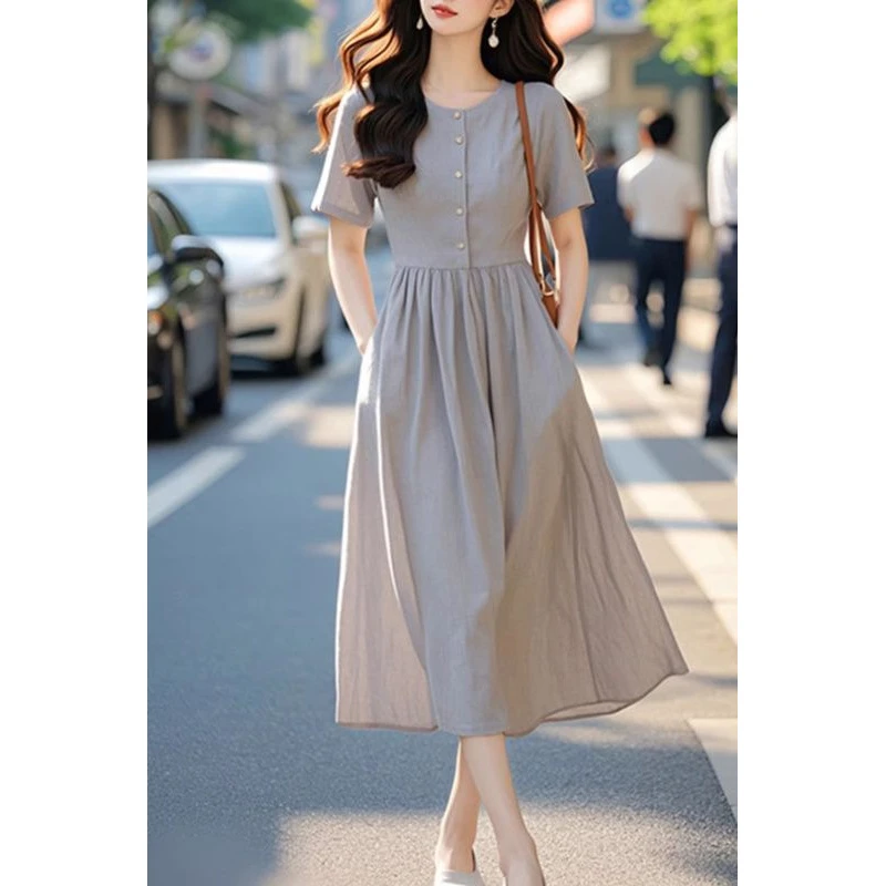 2024夏季新款长裙漂亮独特法式气质圆领灰色连衣裙子女装