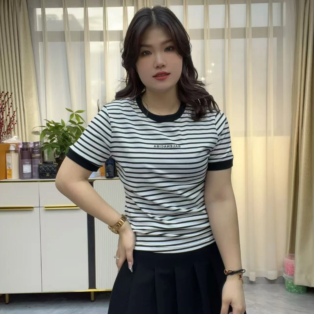 小鑫肝@现货浮力圆领字母印花条纹撞色休闲百搭T恤 6805